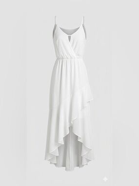Karmani White High-Low Ruffle Maxi Dress – Surplice Keyhole Neck